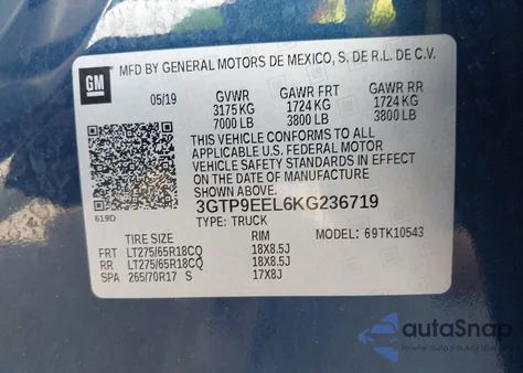 2019 GMC Sierra 1500 At4 from USA, damaged, VIN 3GTP9EEL6KG236719